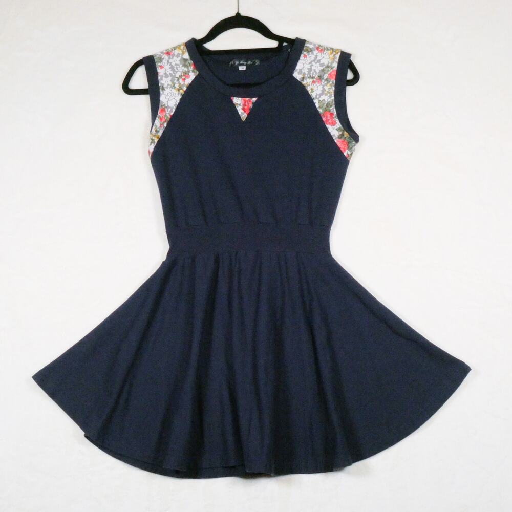 Navy Blue & Floral Sleeveless Sweater Skater Mini Dress
